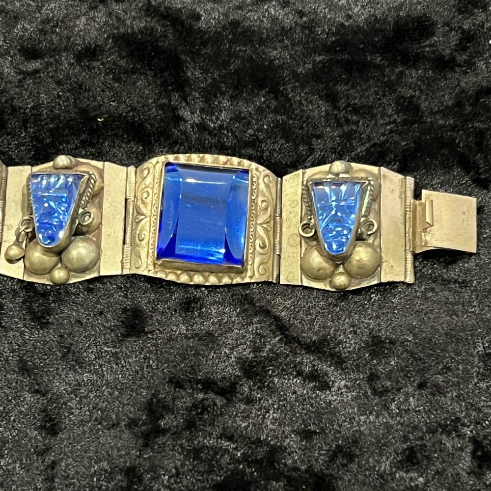 Vintage Taxco Signed Sterling Silver Blue Glass Panel Link Bracelet - Picture 8 of 11